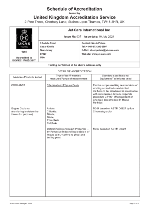 Jet-Care USA UKAS Schedule of Accreditation