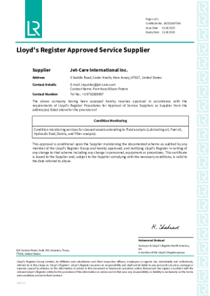 Lloyds Register Jet Care USA Approved Service Supplier Certificate 2025.pdf