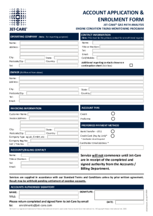 Jet-Care GPA Account Application, Enrolment Form and Terms & Conditions